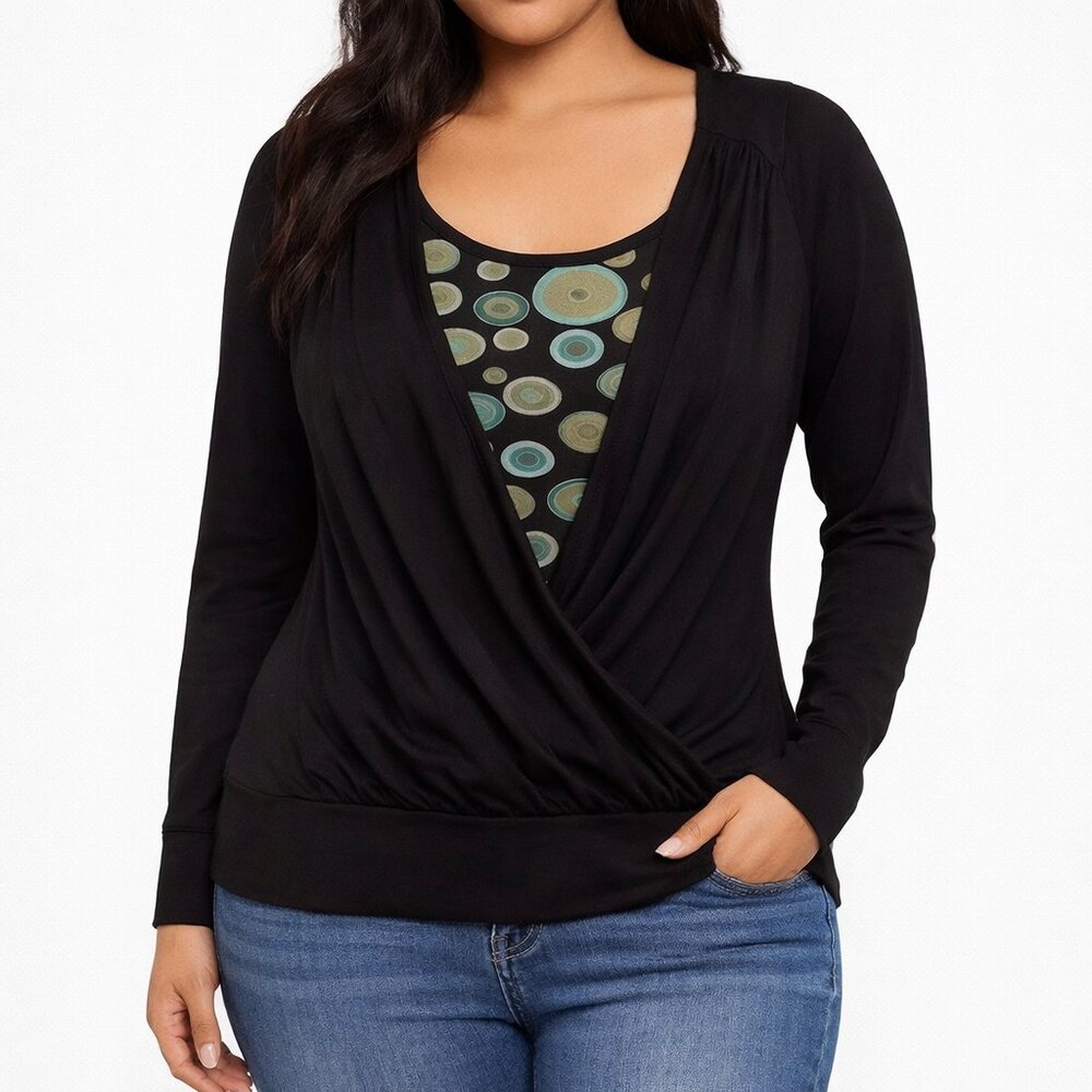 Chaudry KC Black Blouse with Teal and Green Design Long Sleeve Small NWT